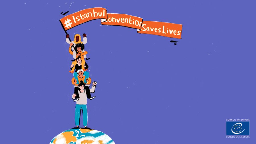 Istanbul Convention Save Lives banner with women on top of the world