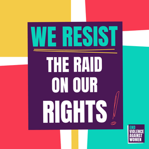 Placard that reads 'We resist the raid on our rights'