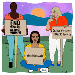 Three women protesting against online abuse of women