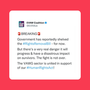 Breaking: The Government has reportedly shelved the #RightsRemovalBill - for now. But there's a very real danger it will progress & have a disastrous impact on survivors. The fight is not over. The VAWG sector is united in support of our #HumanRightsAct!