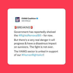 Breaking: The Government has reportedly shelved the #RightsRemovalBill - for now. But there's a very real danger it will progress & have a disastrous impact on survivors. The fight is not over. The VAWG sector is united in support of our #HumanRightsAct!