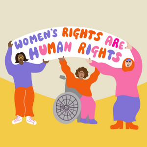 Three women holding a banner that says 'Women's rights are human rights'