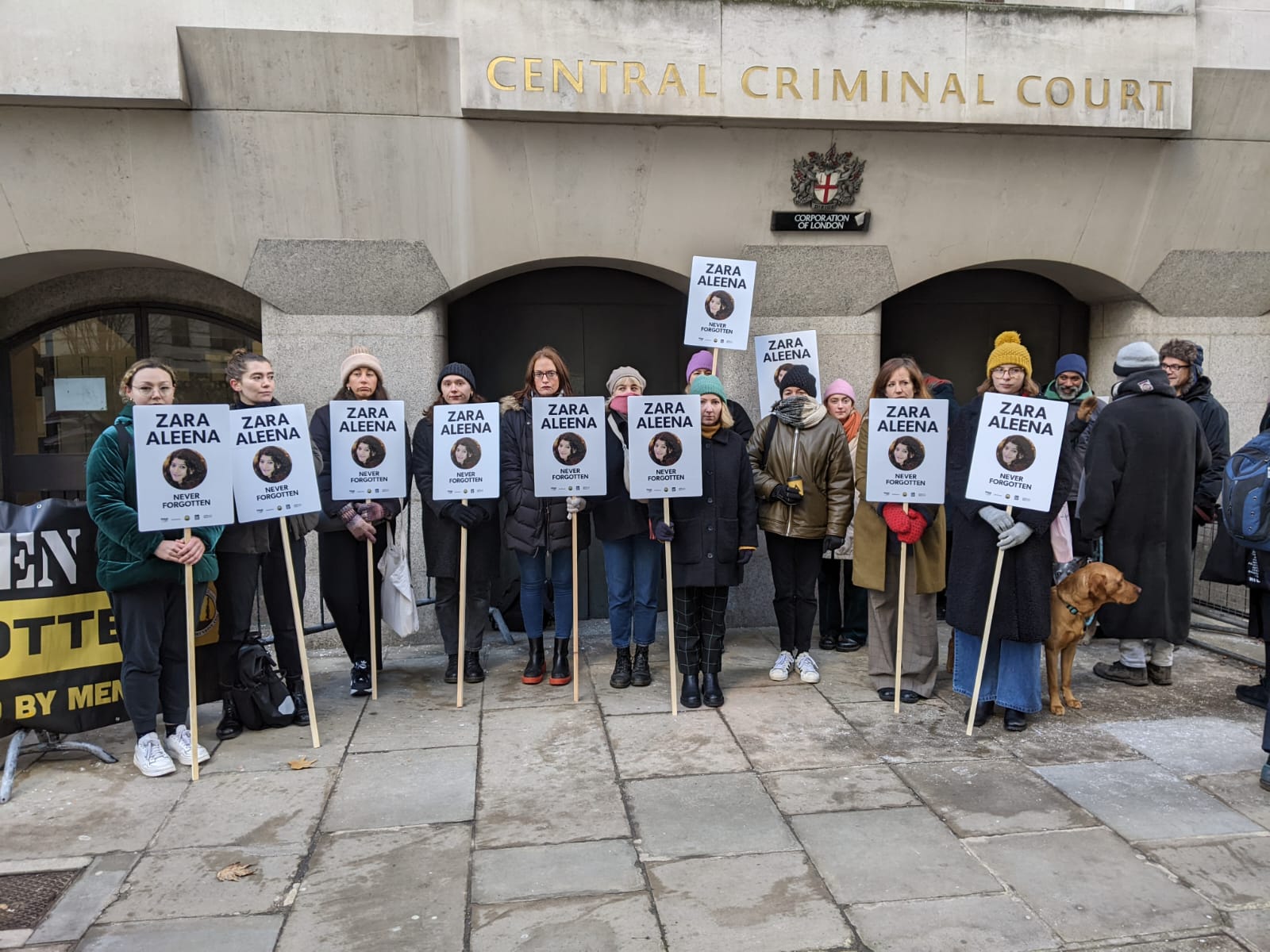 Demostrators from EVAW, Refuge and other women's organisations outside the Old Bailey for sentencing of Jordan McSweeney