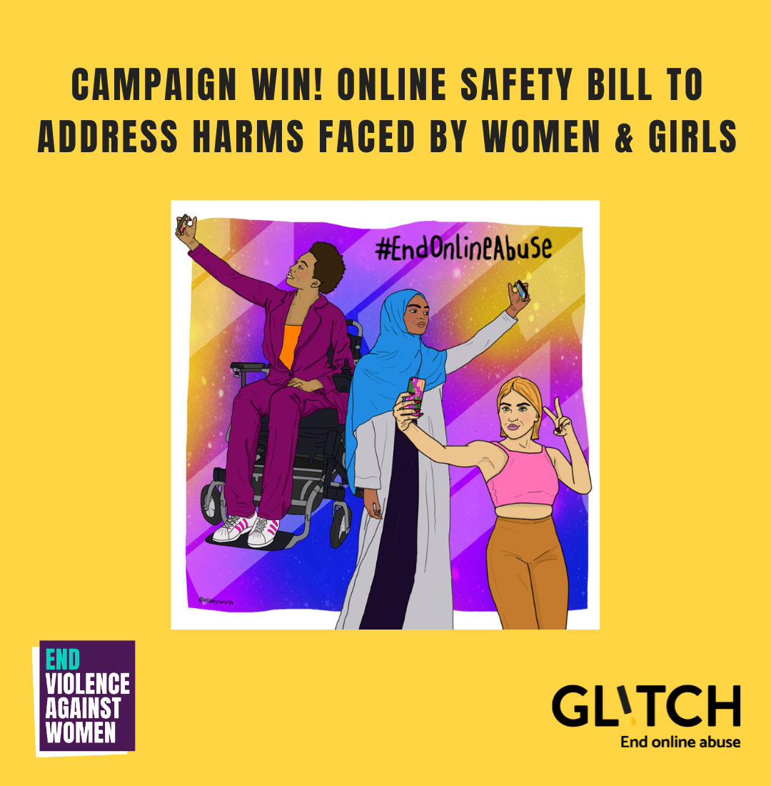 Illustration of three women taking selfies, and the words "Campaign win! Online Safety Bill to address harms faced by women and girls"