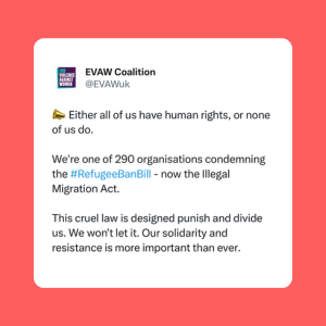 Either all of us have human rights, or none of us do. We're one of 290 organisations condemning the #RefugeeBanBill - now the Illegal Migration Act. This cruel law is designed punish and divide us. We won't let it. Our solidarity and resistance is more important than ever.