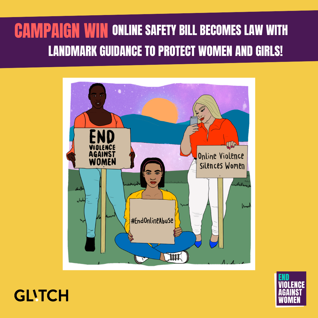 Campaign win: online safety bill becomes law with landmark guidance to protect women and girls! Image of three women protesting for an end to online abuse