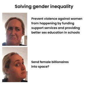 Solving gender inequality: Prevent violence against women from happening by funding support services and providing better sex education in schools Send female billionaires into space?
