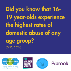 Did you know that 16-19 year-olds experience the highest rates of domestic abuse of any age group? (ONS, 2024) Logos of Sex Education Forum, End Violence Against Women Coalition, Make it Mandatory and Brook