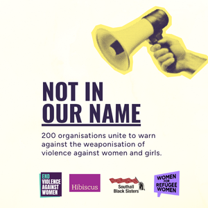 A megaphone pointing to text that says: Not in our name. 200 organisations unite to warn against the weaponisation of violence against women and girls