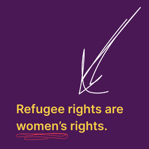 An arrow pointing to text that says: Refugee rights are women's rights